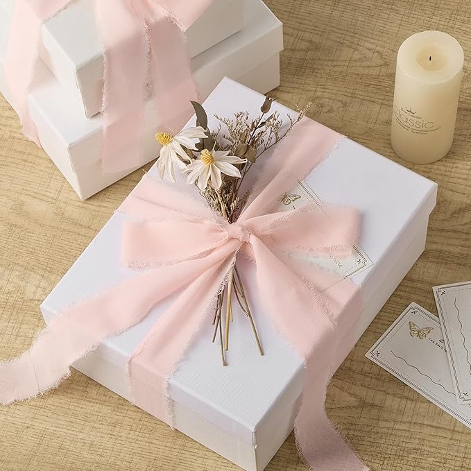 Blush Pink Chiffon Ribbon 1.5" x 21 Yd Handmade Fringe Silk Chiffon Fabric Ribbon for Gift Wrapping Wedding Invitation Bridal Flower Bouquet DIY Crafts Home Decor
