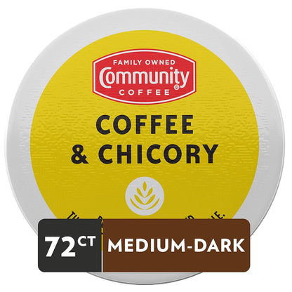 Community Coffee Coffee & Chicory 72 Count Coffee Pods, Medium-Dark Roast, Compatible with Keurig 2.0 K Cup Brewers, 72 Count