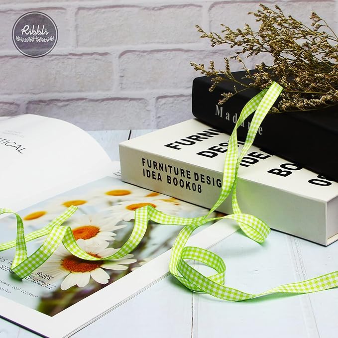 Ribbli Apple Green and White Gingham Ribbon,100% Polyester Woven Edge,3/8 Inch x 10 Yard,Plaid Ribbon Use for Gift Wrapping,Party Decoration