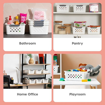 IRIS USA Plastic Storage Baskets, 6-Pack, Made in USA, Shelf Baskets Small Baskets Organizing Bins For Pantry Countertops Closet Shelves Office, Muti-Purpose, Nestable, Easy Carry, White