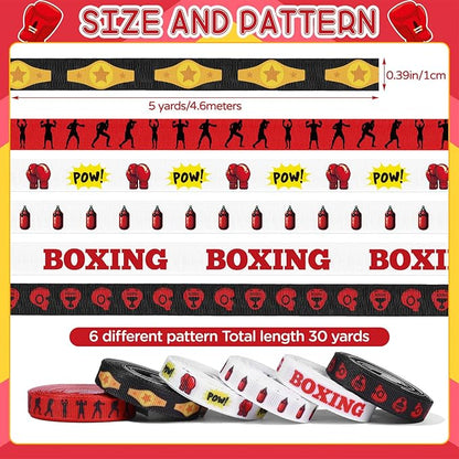 6 Pieces Boxing Ribbon Set, Boxing Theme Grosgrain Ribbons, 3/8inch x 30 Yard Sandbags Ribbon, Black and Red Decorative Ribbons for Gift Wrapping DIY Birthday Party Favor Decorations