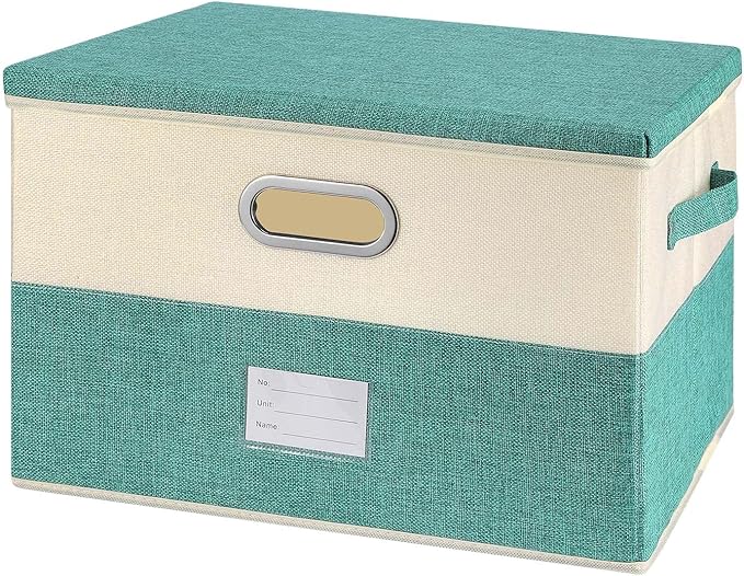 Large Linen Fabric Foldable Storage Bins with Removable Lid and Handles, Washable Storage Box Organizer Containers Baskets Cube with Cover for Bedroom,Closet,Office (Turquoise&Cream, Medium)