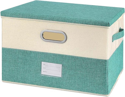 Large Linen Fabric Foldable Storage Bins with Removable Lid and Handles, Washable Storage Box Organizer Containers Baskets Cube with Cover for Bedroom,Closet,Office (Turquoise&Cream, Medium)