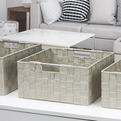 Sorbus Storage Box Woven Basket Bin Container Tote Cube Organizer Set Stackable Storage Basket Woven Strap Shelf Organizer Built-in Carry Handles (Beige)