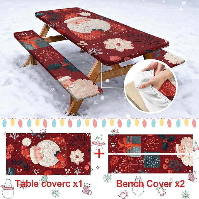 Picnic Table Cover with Bench Covers Set of 3, Elastic Fitted Tablecloth for 6 Foot Tables, Washable Polyester Tablecloths for Camping, Indoor & Outdoor