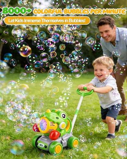 Dinosaur Bubble Lawn Mower for Toddlers, Rechargeable Automatic Bubble Blower with Lights,Handheld and Push 2 in1 Bubble Blower for Kid, Perfect for Party Favors and Activities for Girls and Boys