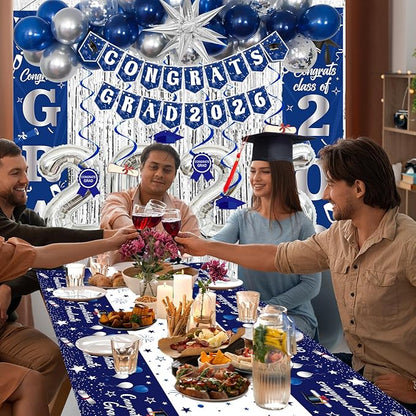 Graduation Decorations Class of 2026, Navy Blue and Silver Graduation Decorations, 2026 Graduation Party Decorations with Congrats GRAD 2026 Banner Tablecover Balloons for College High School Nursing