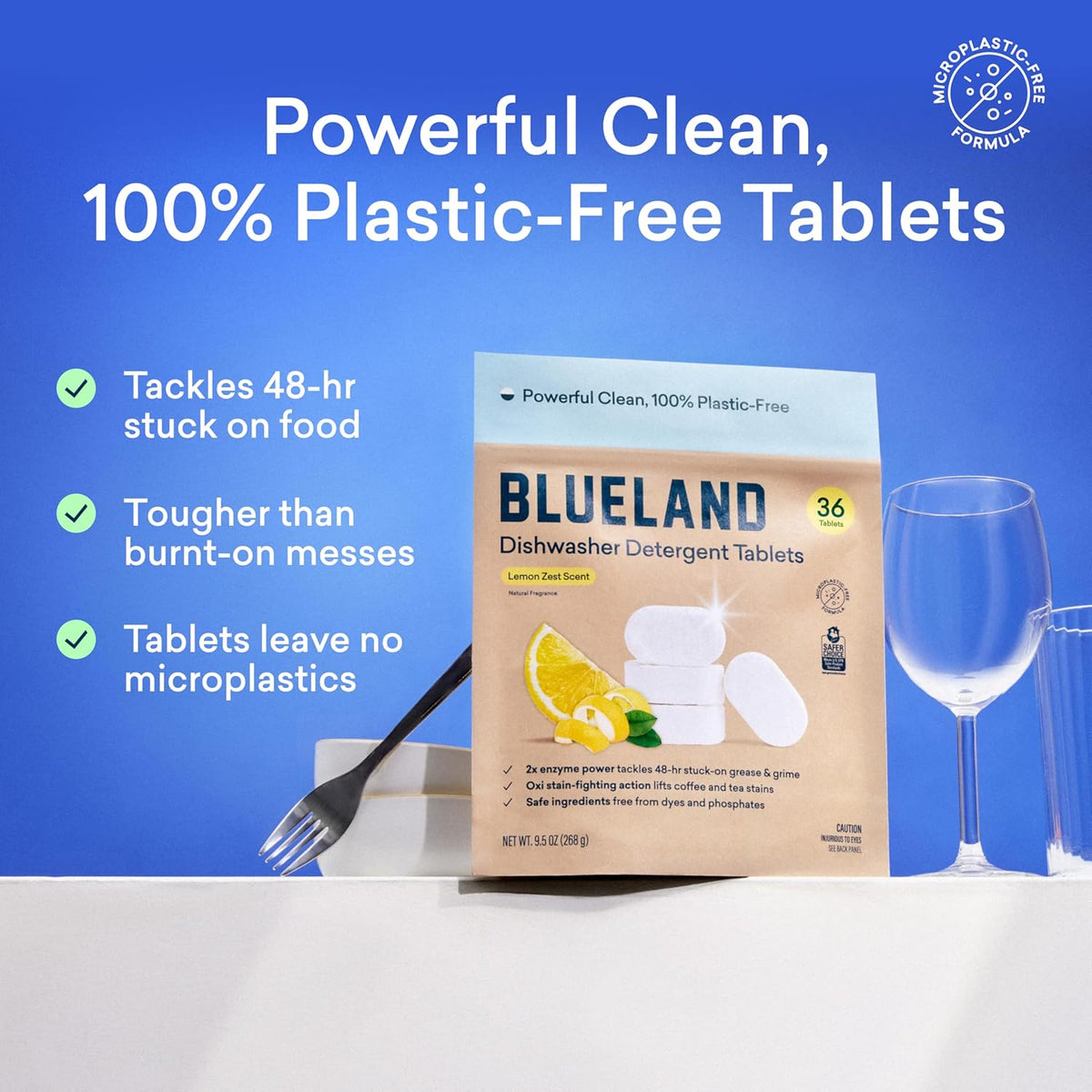 BLUELAND 100% Plastic-Free Dishwasher Detergent Tablets, 120 Count, Lemon Zest Scent, Eco Friendly Dishwashing Pods, Natural, USDA Certified biobased