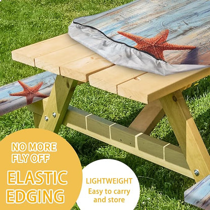 Park Picnic Table Cover with Bench Covers Lightweight Camping Essentials, Oil-Proof Waterproof 3PCS Tablecloth with Elastic, Fitted for Table 6FT Rectangle and Seats, Board Beach (72x30in)