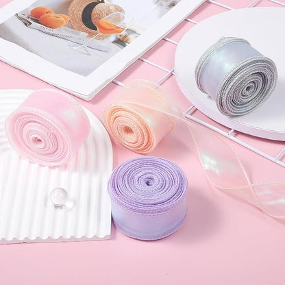 4 Rolls Iridescent Organza Ribbon Sheer 4 Colour Organza Ribbon, Sheer Easter Craft Decorative Ribbons 10 Yards Wired Chiffon Ribbons for Flowers Floral Bouquets Garlands Wedding Gift Wrapping Hair