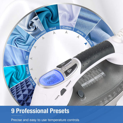 BEAUTURAL 1800-Watt Steam Iron with Digital LCD Screen, Double-Layer and Ceramic Coated Soleplate, 3-Way Auto-Off, 9 Preset Temperature and Steam Settings for Variable Fabric Gray