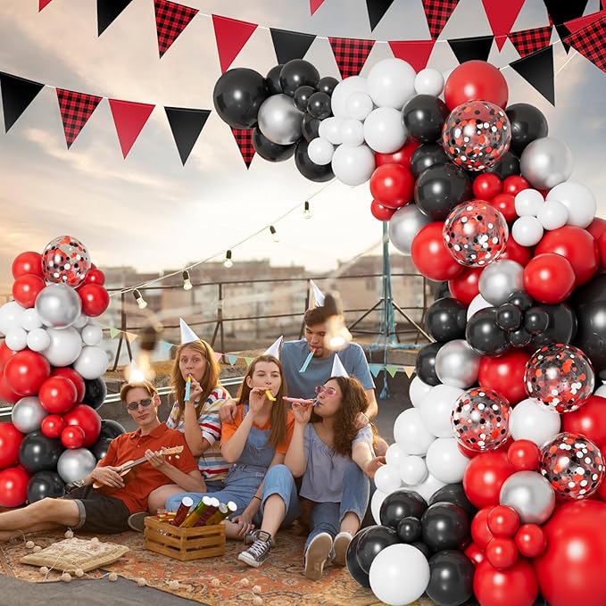 DBKL Red Black and White Balloon Garland Arch Kit with Different Size Red Black White Silver Confetti Balloons for Shower Birthday New Year Graduation Wedding Racing Car Poker Party Decorations