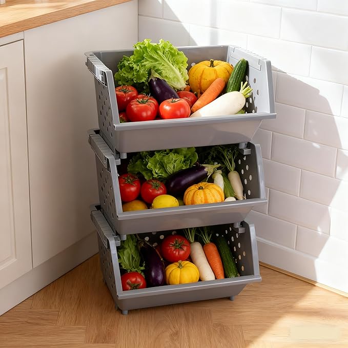Stackable Storage Bins for Pantry Organizers and Storage 3 Pack, Pantry Storage Basket for Office, Garage, Kitchen and Home Organization (Grey)