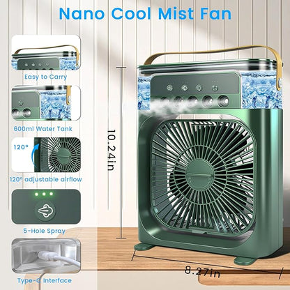 Portable Air Conditioner Fan, Mini Evaporative Air Cooler with 5 Spray Nozzles,3 Wind Speeds,3 Timers, 7 Colors LED Light,600ML Personal AC Unit Fan for Bedroom Office Camping（Green)