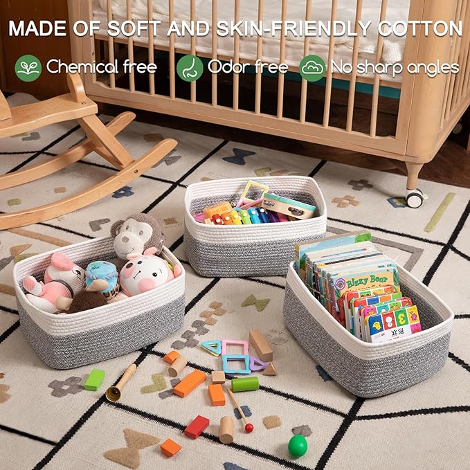 OIASKET Storage Baskets for Organizing 3 Pack, Woven Baskets for Shelves, Closet Organizer Bins Empty Gift Basket Toy Storage for Toys, Books, Towels, Clothes, 15"x11.42"x6.7", Grey