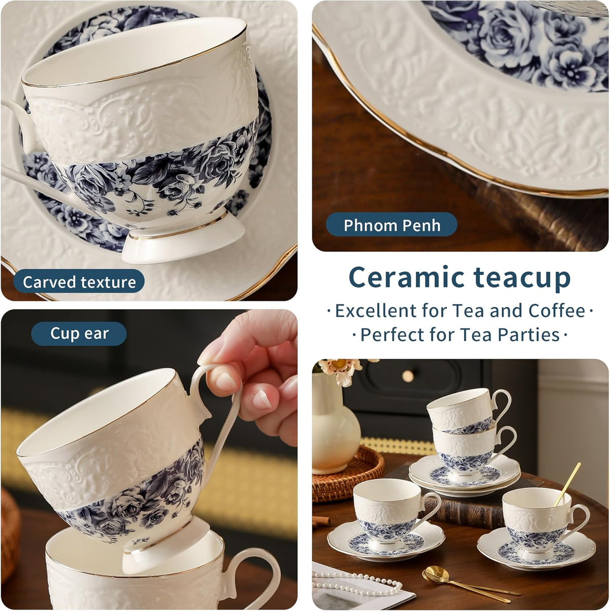 TATSUMI Interglio Embossed Bone China Tea Cup and Saucer Set, 3 Pieces Vintage Style Coffee Cup & Saucer Set For Women Wedding Gift (Starry Sky Rose, 1 set)
