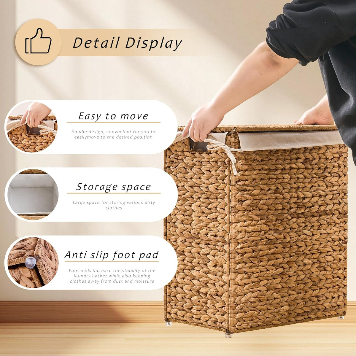 Handwoven Laundry Basket with Lid, Natural Water Hyacinth Storage Basket with Handle, Removable Cotton Liner, Durable and Stylish for Bedroom, Bathroom, Laundry Room