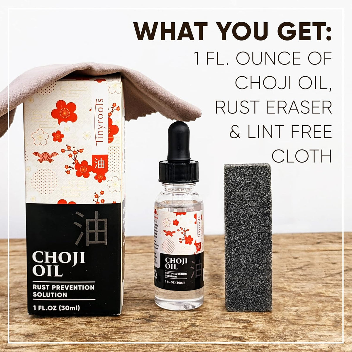 Tinyroots Choji Oil Tool Cleaning Kit, Simply Wipe the Knife Oil on to Restore Your Sword, Knives, Bonsai Tools, Includes Rust Eraser and Lint Free Cloth