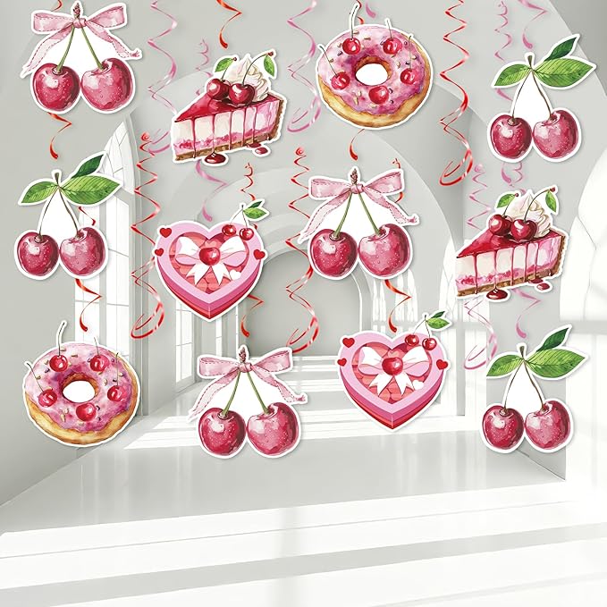 Cherry Hanging Swirls - 30 Pcs Cherry Party Decorations Cherry Bow Donut Ceiling Hanging Streamers for Girls Birthday Baby Shower Party Supplies