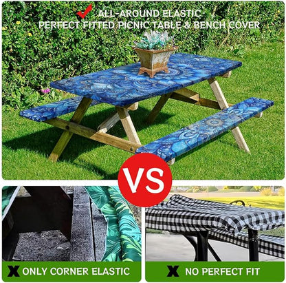Blue Mandala Picnic Table Cover with Bench Covers and Carrying Bag, Vintage Boho Floral Rectangle Table Cover Outdoor Patio Camping Essentials 72 inch 4PCS Camping Fitted Tablecloth
