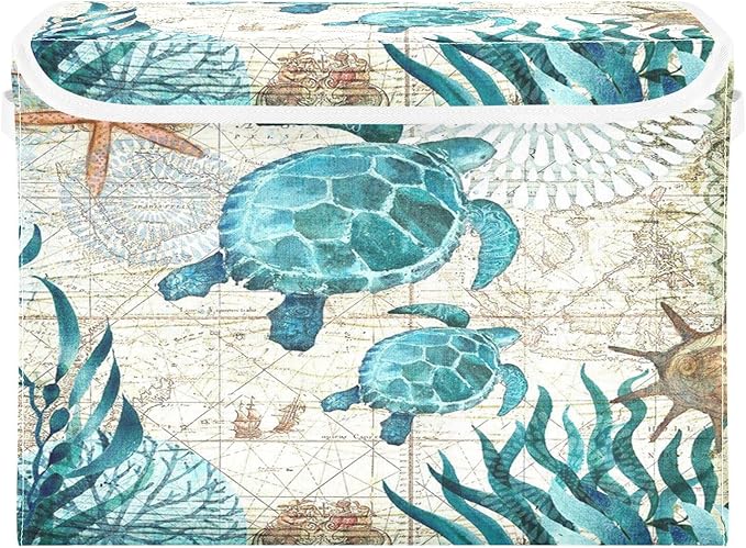 Large Collapsible Storage Bins with Lids, Vintage Ocean Sea Turtle Starfish Map Storage Baskets Organizer Containers with Handles for Nursery Clothes Toys