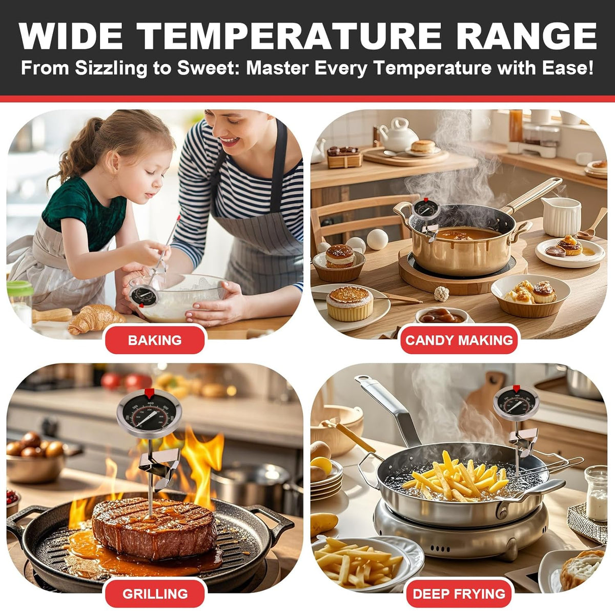 Glow-in-The-Dark Candy Thermometer Waterproof - 9" Deep Fry & Candy Thermometer with Pot Clip – High-Heat, Waterproof for Oil, BBQ