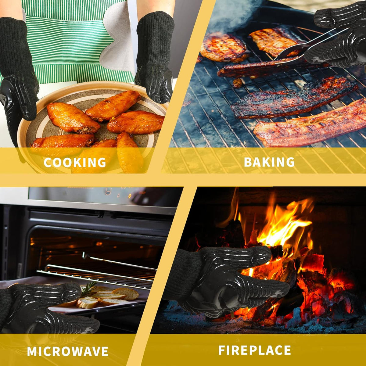 BBQ Gloves, 1472°F Heat Resistant Fireproof Mitts, Silicone Non-Slip Washable Oven Kitchen Gloves for Barbecue, Grilling, Cooking, Baking, Camping