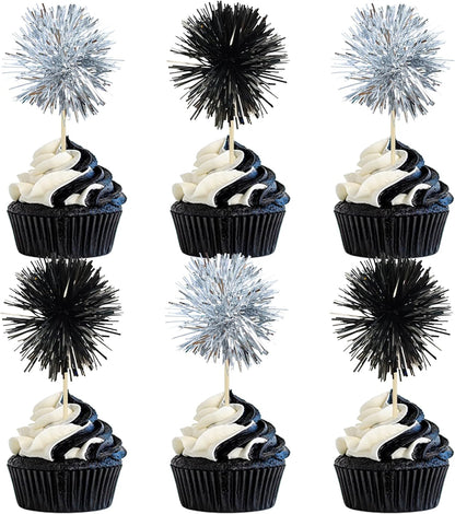 Gyufise 30Pcs Foil Firework Cupcake Toppers Sparkle Tinsel Cake Toppers Tinsel Drink Cake Decoration Cocktail Picks for Birthday Wedding Graduation Party Supplies Black Silver
