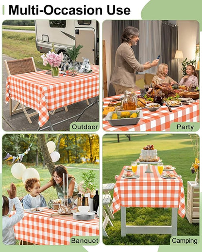 Smiry 12 Packs Gingham Disposable Table Cloth, 54 x 108 Inch Waterproof Plastic Tablecloth, Rectangle Orange and White Checkered Table Covers for Picnic, Birthday, Party