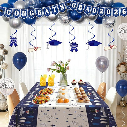 Graduation Decorations 2026, Graduation Decorations Class of 2026 Blue and Silver Congrats Grad Backdrop Tablecloths Banner Balloons for Graduation Party Decorations 2026 Graduation Decor