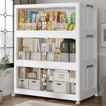 90Gal/360QT 3-Tiers Extra Large Stackable Storage Bins with Lid, Collapsible Cabinet Closet Organizer Plastic Container Box with Wheels Doors Drawers for Living Room Kitchen Office, White