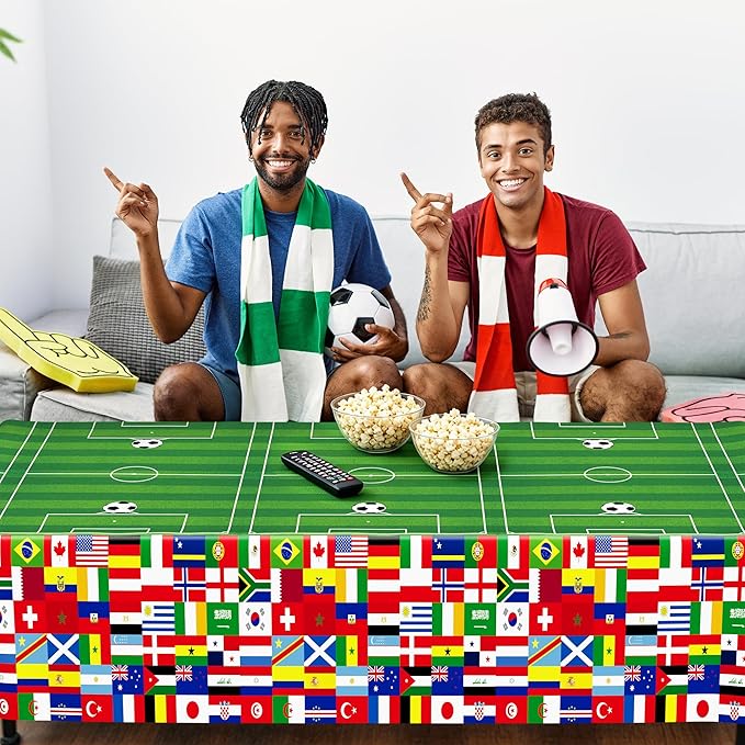 6 Pcs Soccer Tablecloths for Birthday Party Decorations 54 X 108 Inch, Disposable Plastic Table Cover, 2026 Around the World Flags Green Rectangle Tableware Set for Sports Theme Game Party Supplies