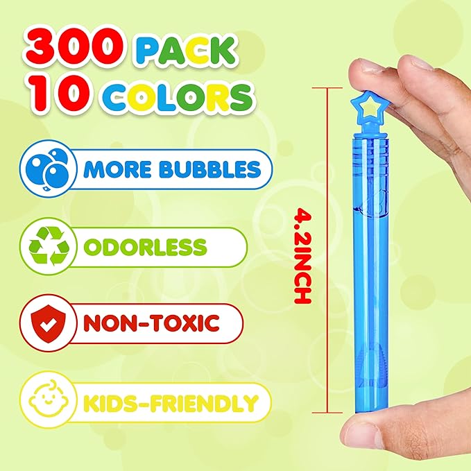 300 Pcs 10 Colors Neon Bubbles Party Favors for Kids, Mini Bubble Wand Bulk in Gift Box as Goody Bags Stuffer, Children's Party Supplies, Carnival Prize Toys, Summer Beach Pool Toys