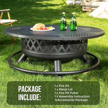 42 Inch Outdoor Fire Pit with Grill, Large Firepit Table for Outside, Metal Round Firepits with Lid&Fire Poker,3 in 1 Wood Burning Fire Pits & Outdoor Fireplaces for Backyard,Patio(42'' Black)