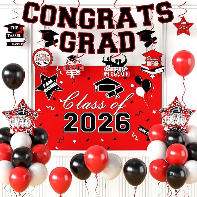 Graduation Decorations 2026, Red Black Graduation Party Decorations Set with Class of 2026 Backdrop Congrats Grad Banner 18inch Foil Grad Star Balloons Hanging Streamers Kit for High School College