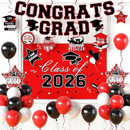 Graduation Decorations 2026, Red Black Graduation Party Decorations Set with Class of 2026 Backdrop Congrats Grad Banner 18inch Foil Grad Star Balloons Hanging Streamers Kit for High School College