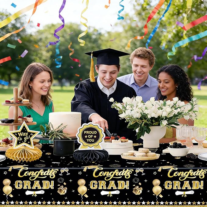 2Pcs Graduation Tablecloth, Graduation Decorations Black and Gold Class of 2026 Congrats Grad 54 x 108 inches Disposable Plastic Tablecloths for Graduation Party Decor Grad Plastic