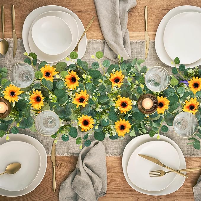 Uieke 2 Pack Artificial Sunflower Garland, 6ft/Strand Silk Sunflowers Hanging Vines Flowers Garland with Green Leaves for Room Kitchen Garden Birthday Wedding Baby Shower Party Table Decor