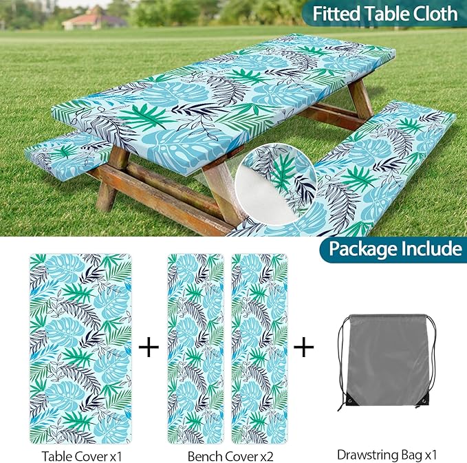 Palm Leaves Picnic Table Cover with Bench Covers, Waterproof Summer Tropical Hawaiian Green Leaves Tablecloth for Camping Indoor Outdoor Party Decorations, 30X72in