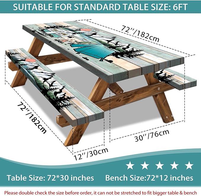 Picnic Table Cover with Bench Covers 6FT Outdoor Camping Essentials Waterproof Fitted Picnic Table Cloth Wood Texture Fitted Picnic Tablecloth with Elastic(3pcs-72")