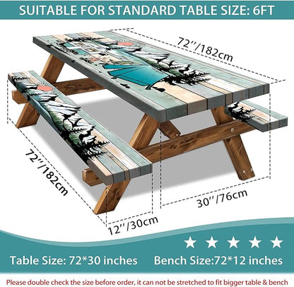 Picnic Table Cover with Bench Covers 6FT Outdoor Camping Essentials Waterproof Fitted Picnic Table Cloth Wood Texture Fitted Picnic Tablecloth with Elastic(3pcs-72")