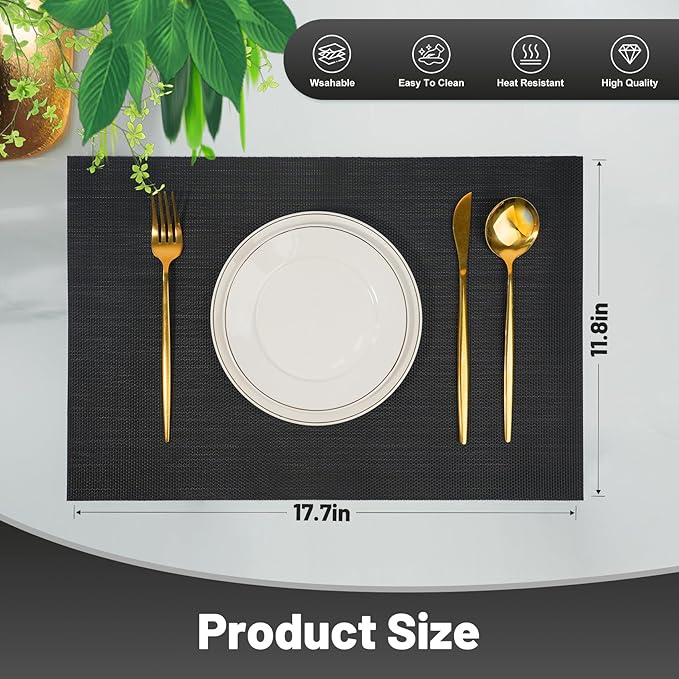Placemats Set of 6，Non-Slip PVC Weave Table Mats Easy to Clean，Heat Resistant Place Mats for Kitchen Dining Table Decoration Indoor Outdoor，Black