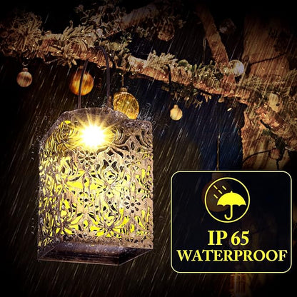 2 Pack Bronze Solar Lanterns - Waterproof Metal Hanging Solar Lights Outdoor Decorative, Solar Powered LED Lamp for Patio Tabletop Porch Deck Yard Garden Decor for Outside (Rose)