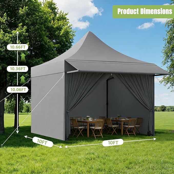 10x10 Pop Up Canopy Tent with Awning and Sidewalls, 550D Commercial Canopy, Waterproof Party Tent with Roller Bag, Grey