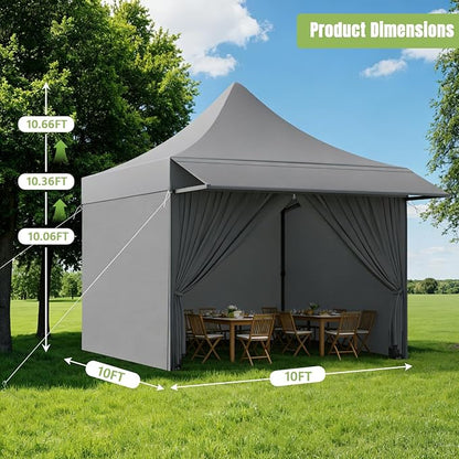 10x10 Pop Up Canopy Tent with Awning and Sidewalls, 550D Commercial Canopy, Waterproof Party Tent with Roller Bag, Grey