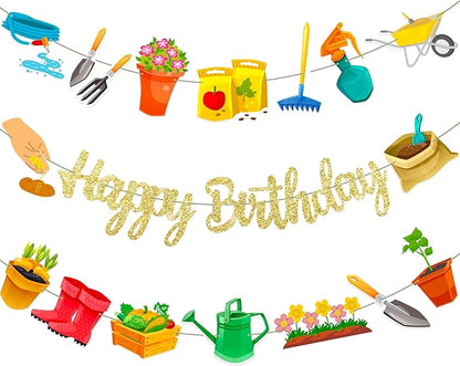 Garden Birthday Party Decorations 3Pcs Gardening Tool Theme Banner Garlands Gardening Birthday Hanging Decorations for Spring Theme Party Supplies