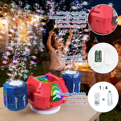 New RC Bubble Machine with RGB Lights, 360° Auto Rotation Bubbles Toy, Rechargeable Battery, Bubble Blower Maker for Kids, Parties, Birthday Gift, Weddings, Indoor Outdoor Activity, Red-Blue