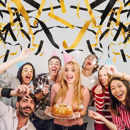 12" Black and Gold Streamers for Birthday Graduation Wedding New Year Celebrations - Easy to Use, Biodegradable Confetti - Pack of 2