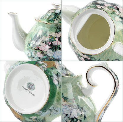 Teapot 30 oz Van Gogh Paintings Bone China Loose Tea Pot Floral Design Vintage Ceramic Coffee Water Pot European Style Porcelain (White Rose)