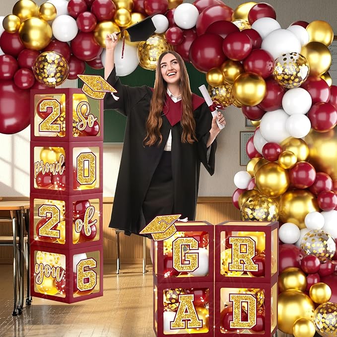 Graduation Decorations Class of 2026,Maroon and Gold Graduation Decorations 2026,Maroon and Gold Grad Balloon Boxes with Letters 2026,So Proud of You Backdrop for Graduation Party